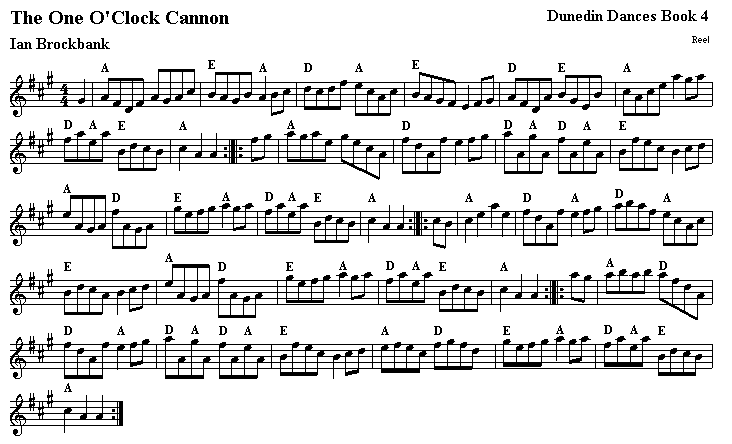 The sheet music for the tune 'The One O'Clock Cannon'